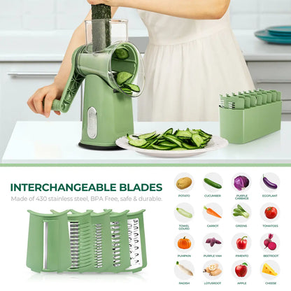Rotary Cheese Grater & Vegetable Slicer, 5 Blades, Suction Base, Kitchen Tool