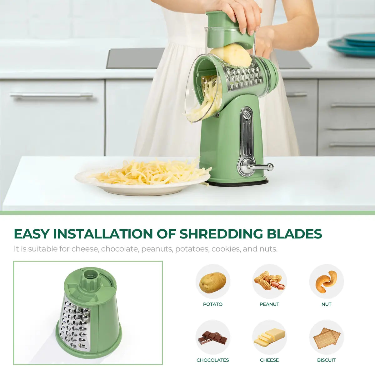 Rotary Cheese Grater & Vegetable Slicer, 5 Blades, Suction Base, Kitchen Tool